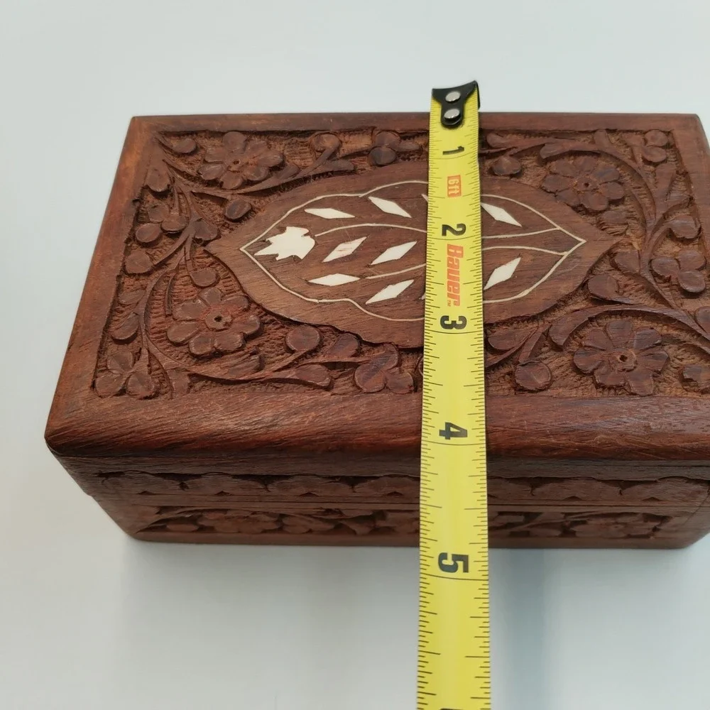 Vintage Hand Carved Indian‎ Wood Jewelry Box Inlay Floral Trinket Boho 6
